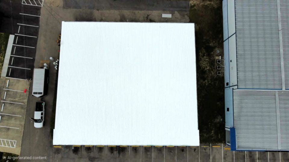 After: the same metal warehouse roof restored with a bright white Conklin reflective coating system