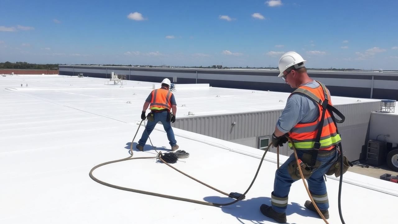 Conklin-trained commercial roofing contractors restoring a flat commercial roof with white acrylic coating