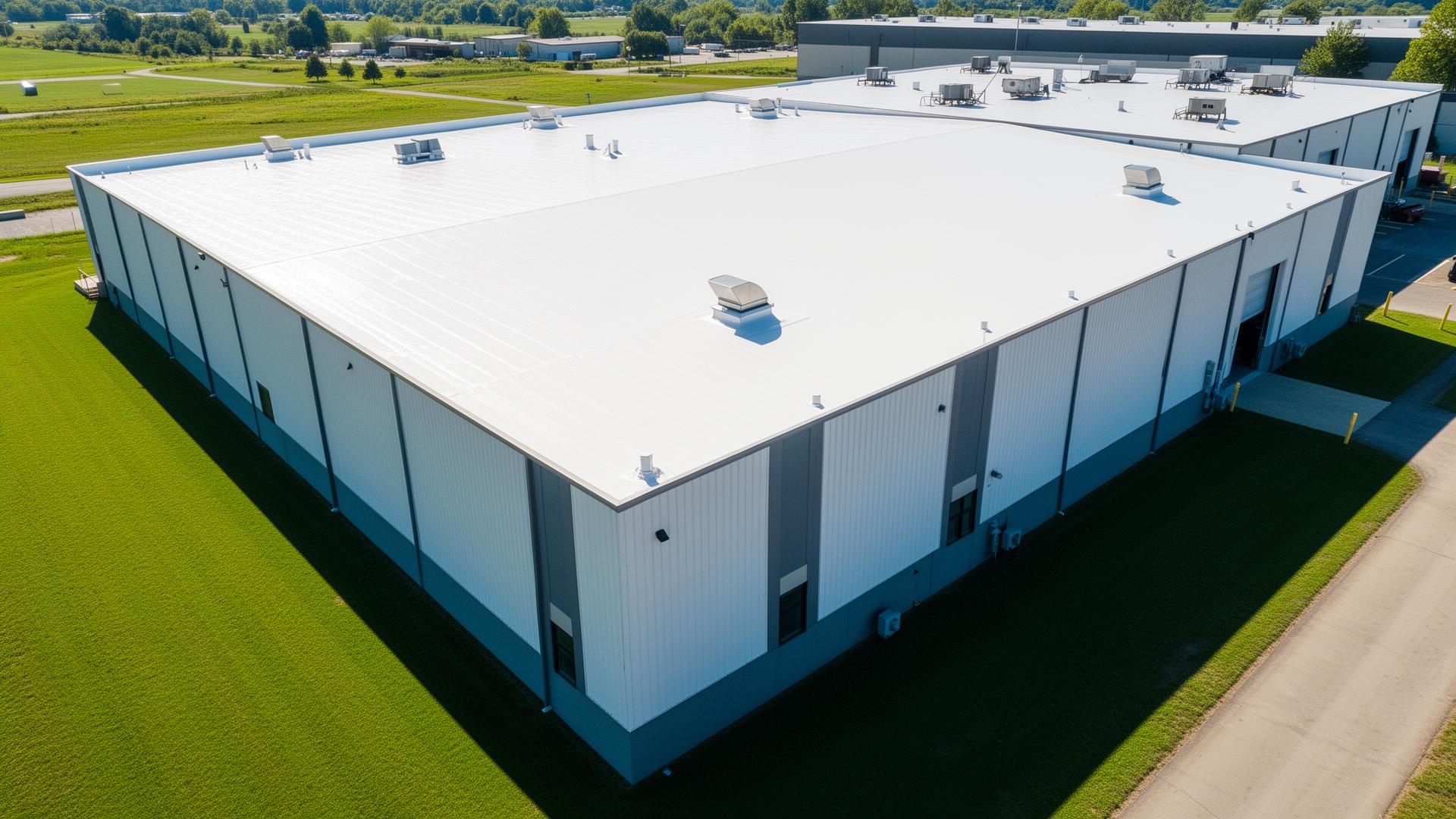 Commercial warehouse with Conklin white reflective roof coating reducing rooftop temperatures and cooling costs